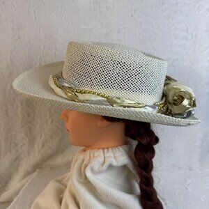 Vintage White Woven Straw Hat With Elegant Gold & Silver Floral Accents Church